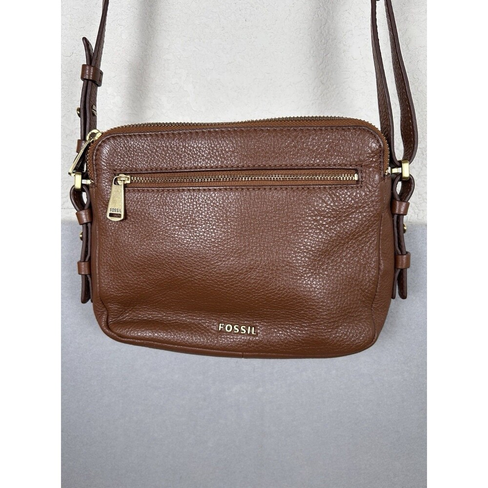 VTG Fossil Piper Toaster pebble leather crossbody organizer bag Brass accent